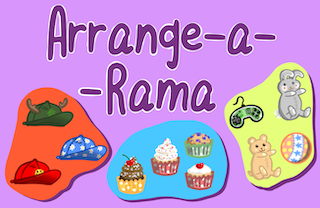 banner for the Rollama Arrange-a-Rama sorting game mode, with cartoon items grouped by shared properties