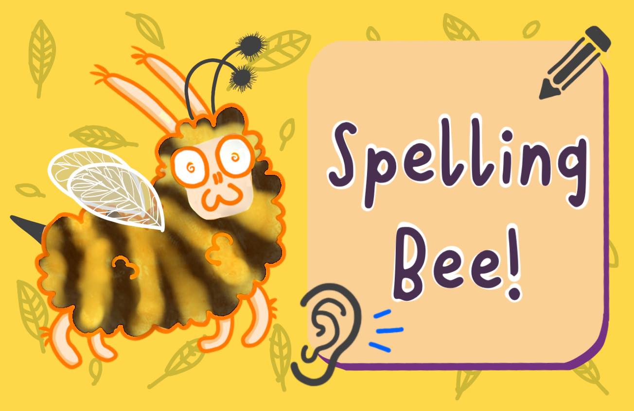 a banner title for the Rollama Spelling Bee game mode, with a cartoon llama dressed in a bee costume